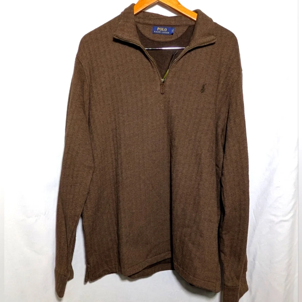 NWT Men's Polo Ralph Lauren Brown Herringbone 1/4 Zip Pullover, Cotton, CasualXL